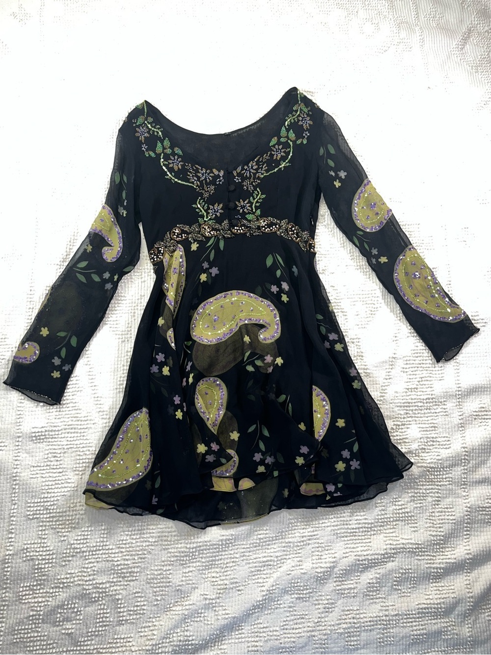 Boho Silk Floral and Paisley Beaded Long Sleeve Mini Dress in Black and Olive